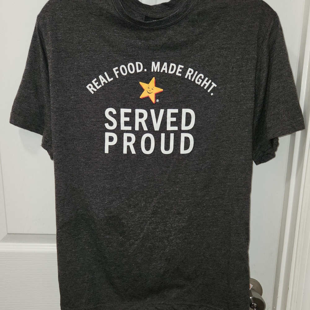 Hardees Carls Jr Employee Real Food Served Proud Embroidery Logo Work T-Shirt M.